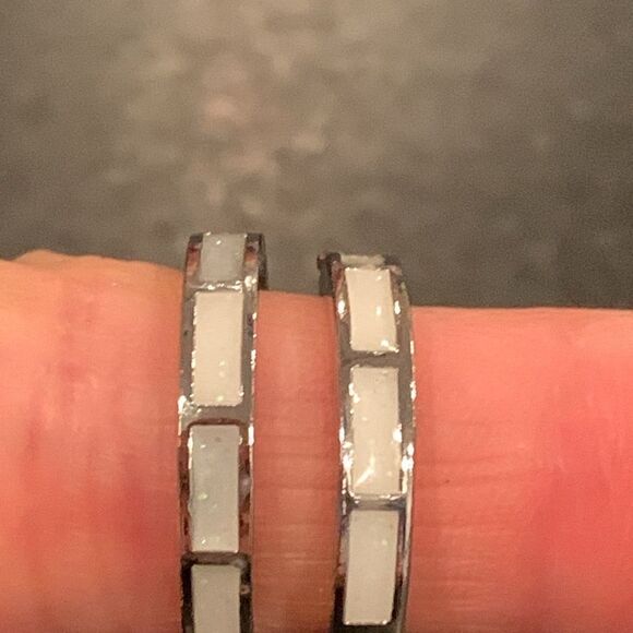 Men’s Faux Opal Inlay Huggies, Small Silver Tone Hoop Earrings - Picture 2 of 7